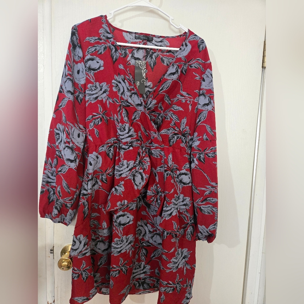 Uguest Floral Red and Gray Dress. Ruffles On Front. New.